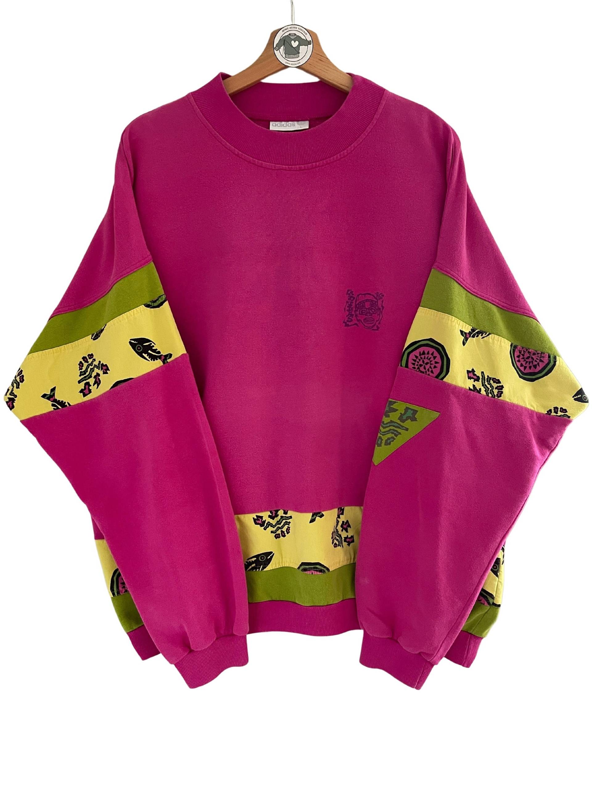 Adidas Damen Vintage Sweater Gr. L Pullover Sweatshirt 90Er 80S Rosa Muster Colour Block Print Unikat Ultra Rare Selten Top Zustand Unisex von HomeAloneVintageDE
