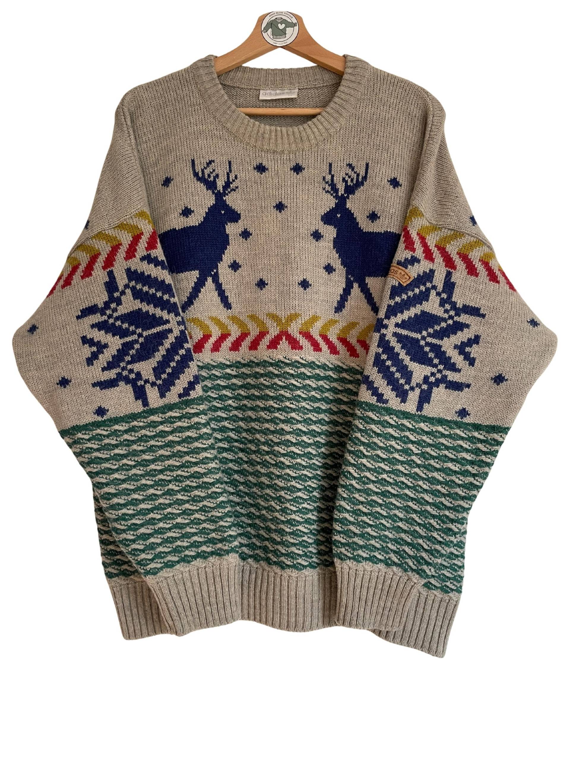 Adidas Strick Pullover Gr. Xl | 54 Knit Sweater 90Er 90S Bunt Strickpullover Winter Weihnachten Rentiere Alpaka Wolle Ultra Rare von HomeAloneVintageDE