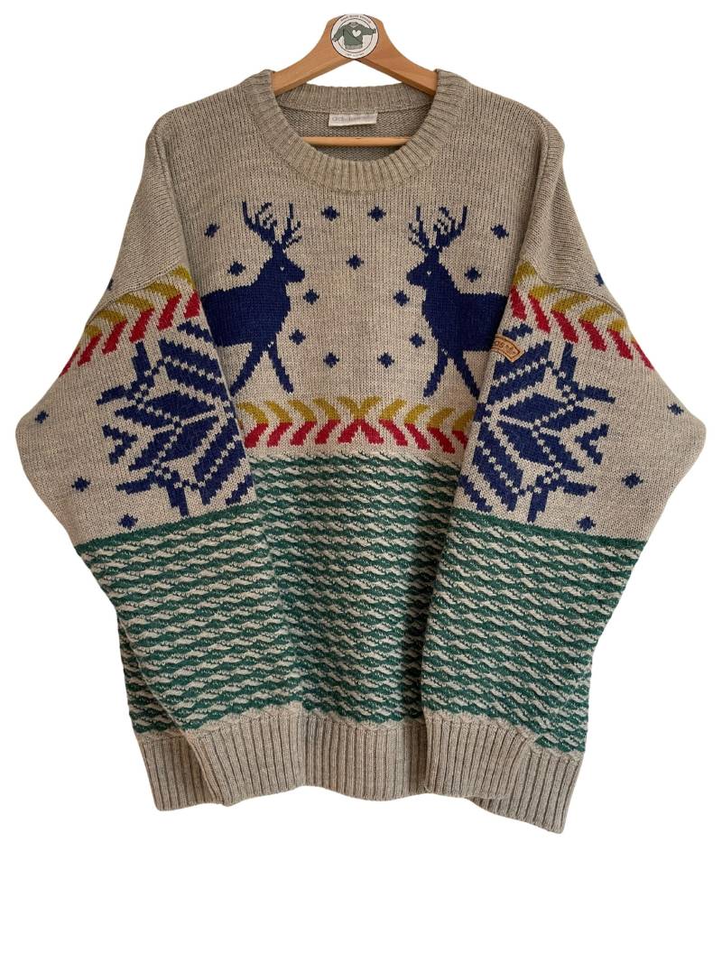 Adidas Strick Pullover Gr. Xl | 54 Knit Sweater 90Er 90S Bunt Strickpullover Winter Weihnachten Rentiere Alpaka Wolle Ultra Rare von HomeAloneVintageDE