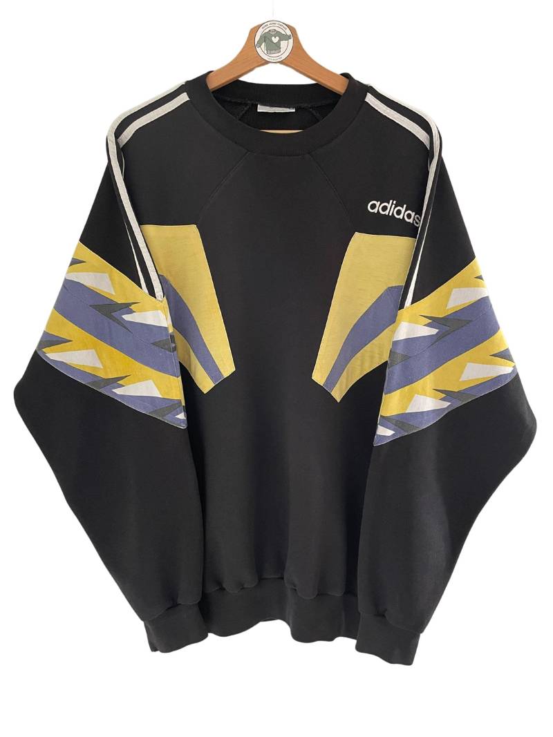 Adidas Vintage Sweater Gr. L | D5 Best Classic 90Er 90S Sweatshirt Pullover Gestickt Einsätze Muster Eingenäht Schwarz Gelb Ultra Rare von HomeAloneVintageDE