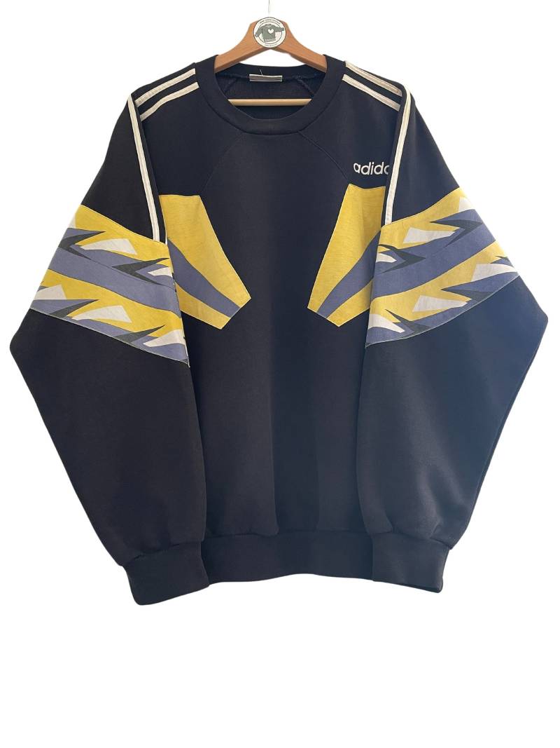 Adidas Vintage Sweater Gr. L | D6 Best Classic Sweatshirt Pullover Oversized Gestickt Einsätze Muster Eingenäht 90Er Schwarz Gelb Ultra Rare von HomeAloneVintageDE