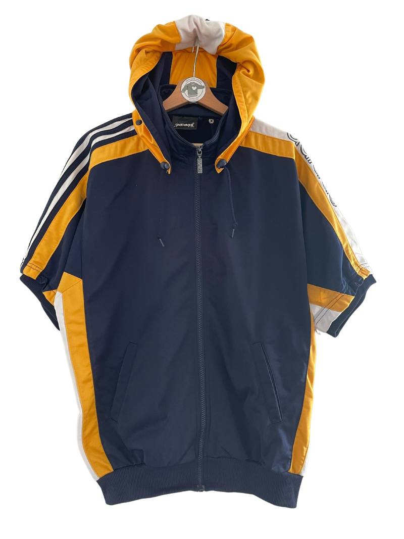 Adidas Vintage Trainingsjacke Gr. M - L | D5 Full-Zip Trackjacket Kurzarm Mit Kapuze 90Er 90S Trefoil Und Spell Out Gestickt Dunkelblau Gelb von HomeAloneVintageDE