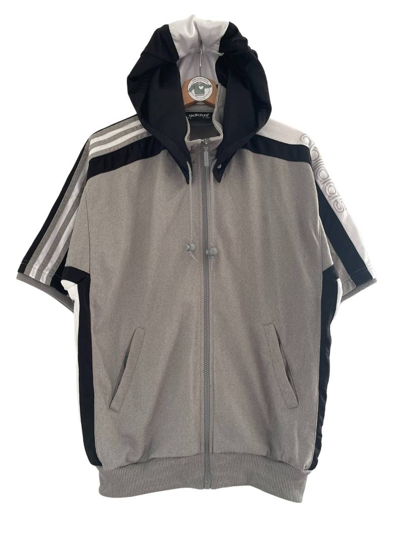 Adidas Vintage Trainingsjacke Gr. S-M | D4 Full-Zip Trackjacket Kurzarm Mit Kapuze 90Er 90S Trefoil Und Spell Out Gestickt Grau Schwarz von HomeAloneVintageDE