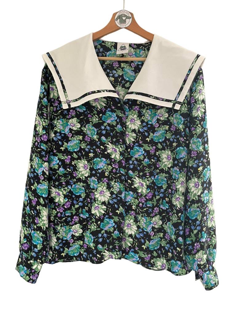 C&a New Tast Vintage Damen Bluse Gr. L | 44 90S Blumen Flower Muster Sommerbluse Stehkragen Knopfleiste Schulterpolster Grün Lila Weiß von HomeAloneVintageDE