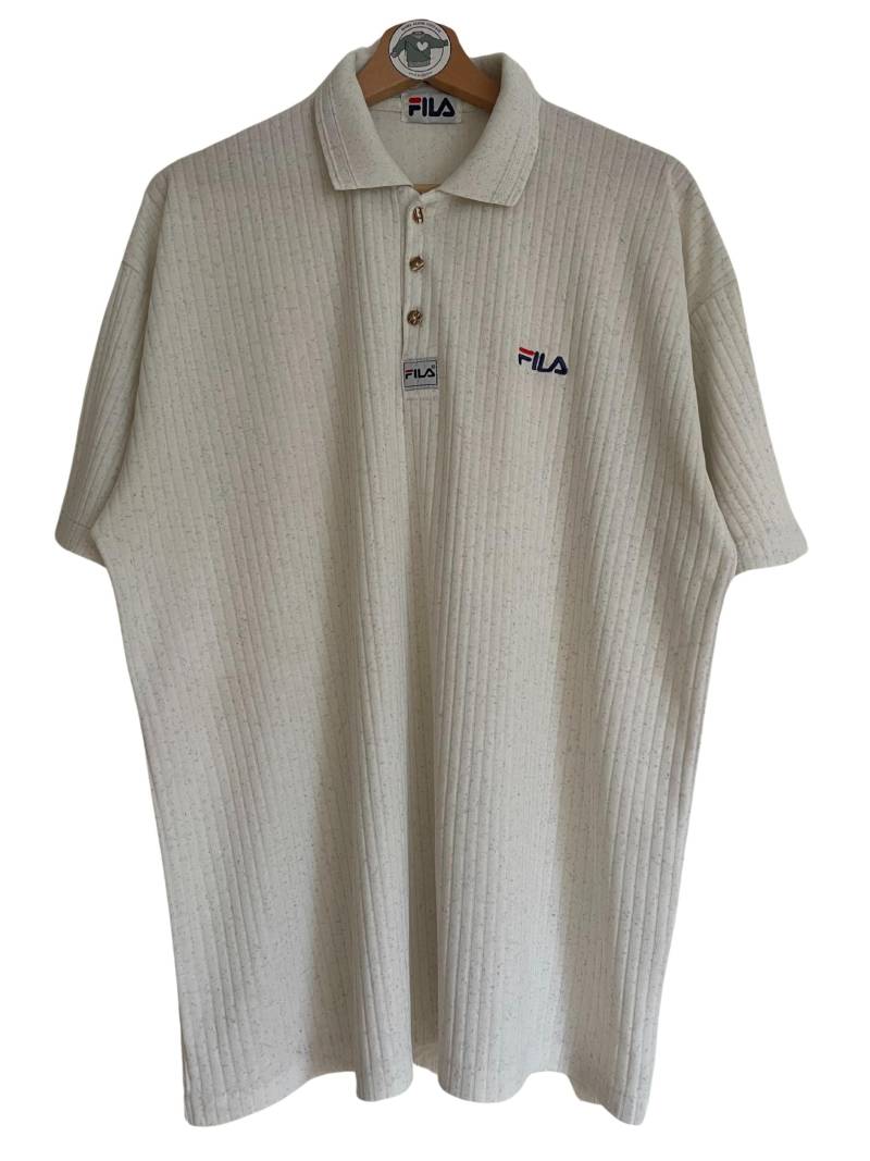 Fila Vintage Basic T-Shirt Gr. L - Xl Shirt Kurzarm 80Er 80S Knopfleiste Creme Weiß Grau Logo Patch Gestickt Meliert Geriffelt Baumwolle von HomeAloneVintageDE
