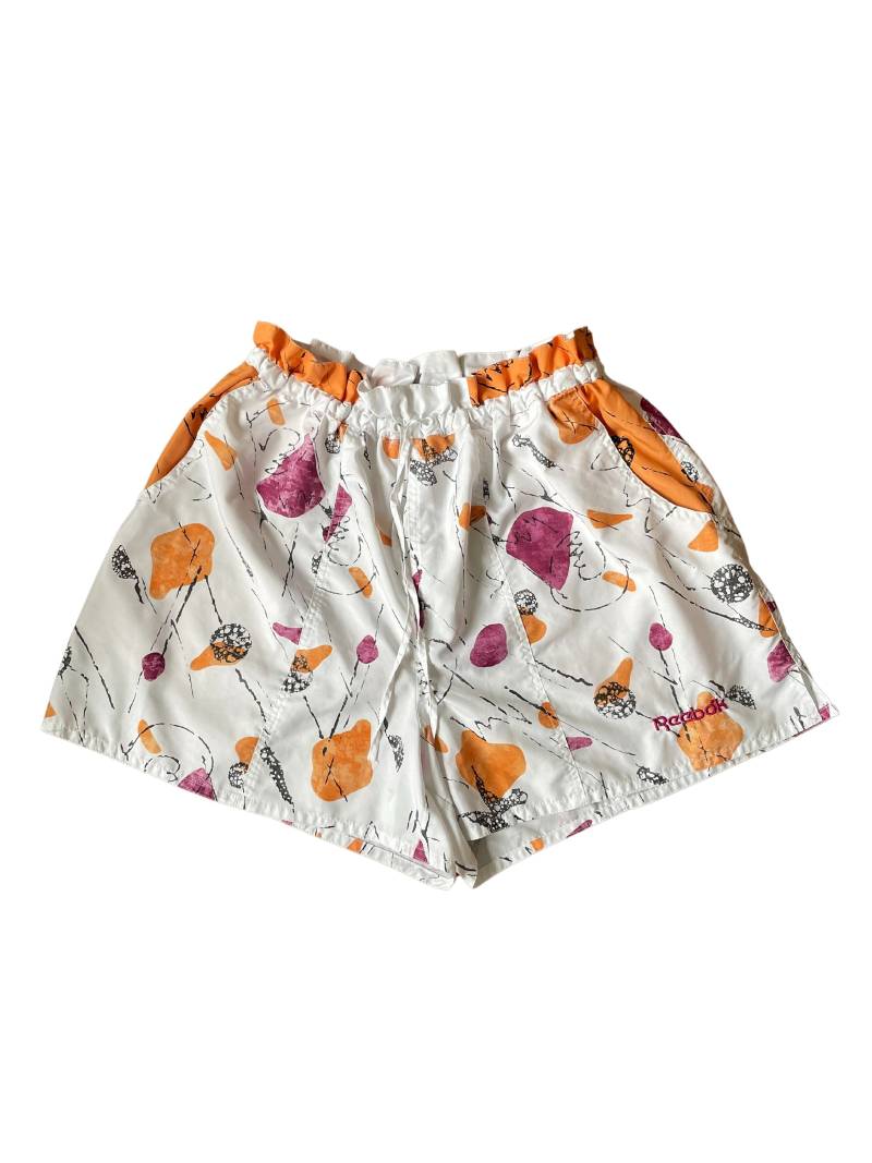 Reebok Vintage Damen Shorts Gr. M | 38 Paperbag Kurze Hose 90S Sport Training Sommer Gestickt Muster Crazy Pattern Weiß Orange Lila von HomeAloneVintageDE