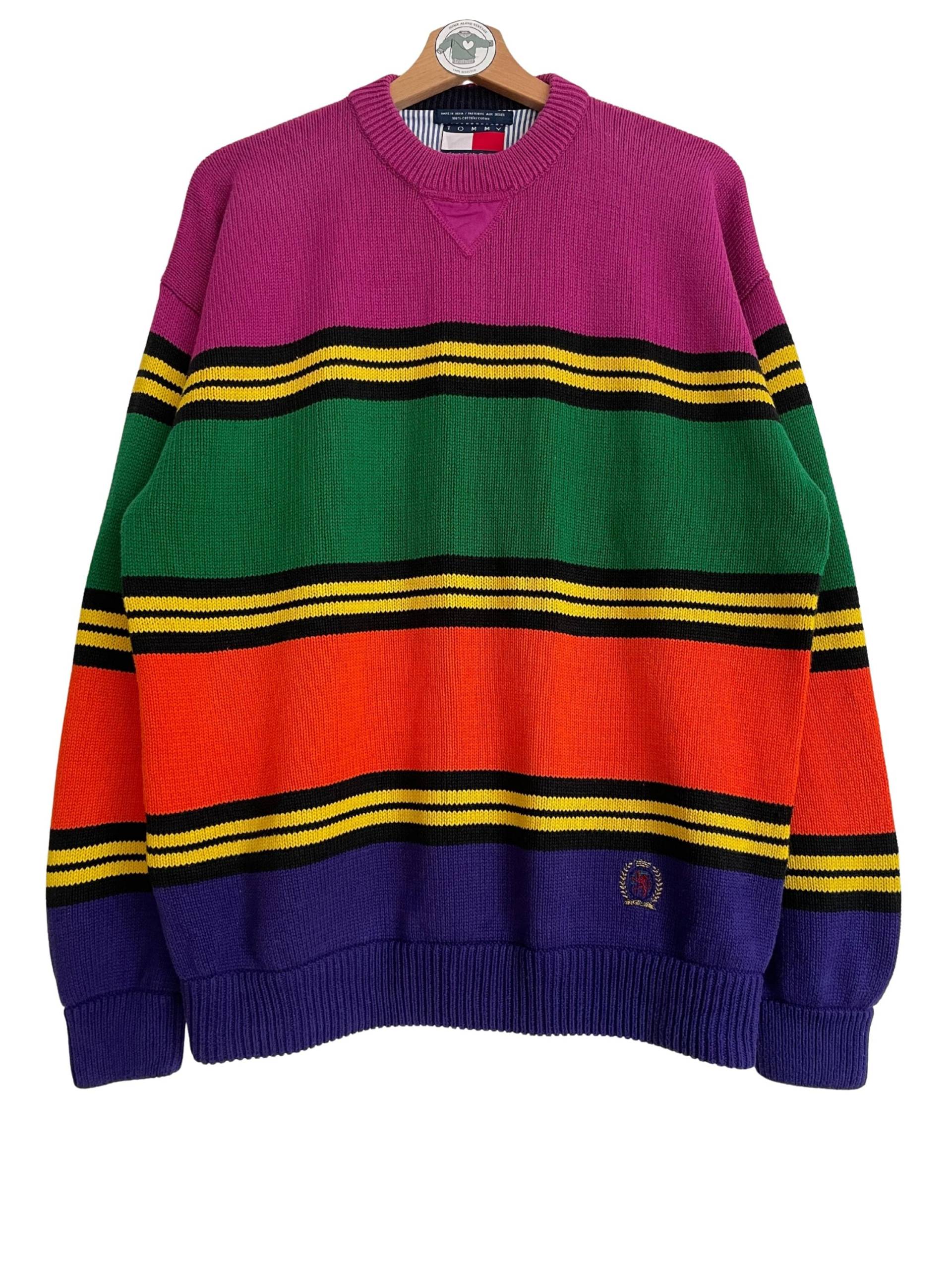 Tommy Hilfiger Vintage Strickpullover Gr. L - Xl Pullover Strick Knit 90Er 90S Bunt Gestreift Color Block Baumwolle von HomeAloneVintageDE