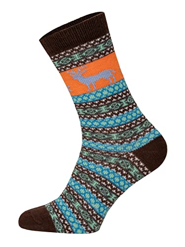 2 Paar Warme Hygge Elch Socken Für Herren Und Damen Aus Echter Wolle - Wollsocken Mit Fröhlich Bunten Mustern Und Druckarmer Zehennaht - Schafwollsocken Strapazierfähig | Braun-Blau 39-42 von HomeOfSocks