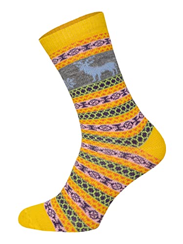 2 Paar Warme Hygge Elch Socken Für Herren Und Damen Aus Echter Wolle - Wollsocken Mit Fröhlich Bunten Mustern Und Druckarmer Zehennaht - Schafwollsocken Strapazierfähig | Gelb-Braun 39-42 von HomeOfSocks