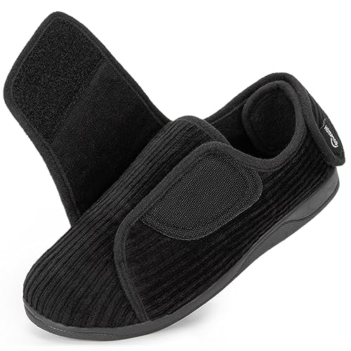HomeTop Damen Geschlossene Ferse Diabetiker Hausschuhe Kord Verstellbar Weite Passform Haken und Schleife Memoryschaum Pantoffeln Mattschwarz, 42 EU von HomeTop