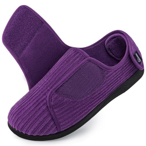 HomeTop Damen Geschlossene Ferse Diabetiker Hausschuhe Kord Verstellbar Weite Passform Haken und Schleife Memoryschaum Pantoffeln Mauve Lila, 40 EU von HomeTop