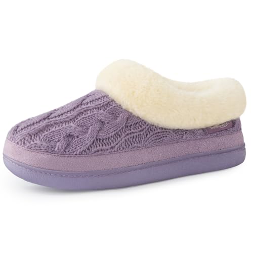 HomeTop Damen Gestrickte Hausschuhe Bequem Warm Winter Memory Schaum Rutschfeste Innen Außen Pantoffeln mit Flauschig Plüsch Kragen Violett, 38 EU von HomeTop