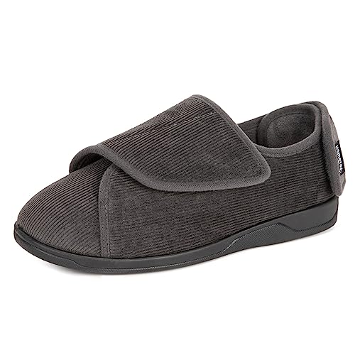 HomeTop Herren Cord Hausschuhe Bequem Verstellbar Haken und Schlaufe Memory Schaum Extra Breit Innen Pantoffeln für Diabetiker Senior mit Ödem Geschwollene Füße Dunkelgrau, 45 EU von HomeTop