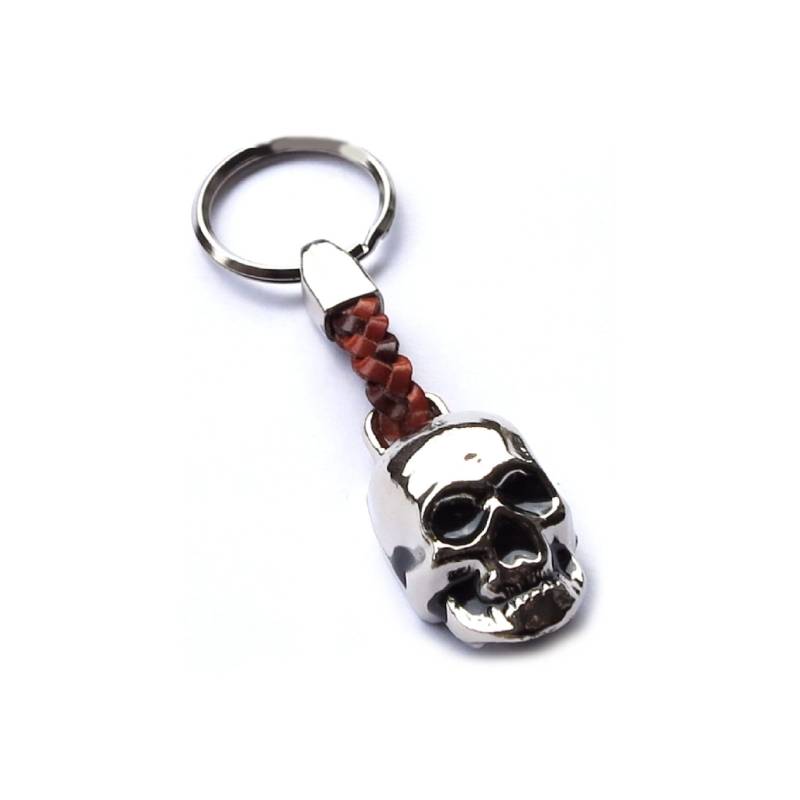 Totenkopf-Skull-Schlüsselanhänger Mit Geflochtenem Lederband-Toll Verarbeitet-Metall Chrom Silber-Keyholder-Schlüssel-Keyrings-Ht810-1 von HomeTrendsHamburg