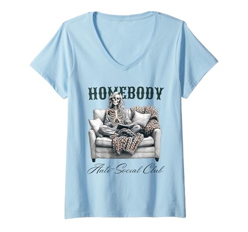 Damen Homebody Anti Social Club Lustiges sarkastisches Skelett T-Shirt mit V-Ausschnitt Damen Homebody Anti Social Club Lustiges sarkastisches Skelett T-Shirt mit V-Ausschnitt von Homebody Anti Social Club Funny Sarcastic Skeleton