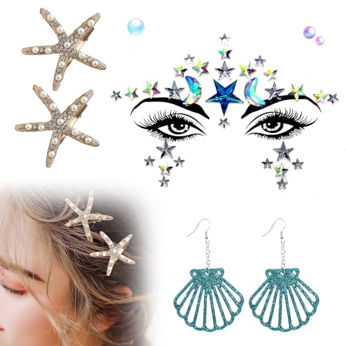 6 Stück Gesichtstattoo Meerjungfrau, Meerjungfrau Accessoires Damen, Gesichtstattoo Meerjungfrau Gold, Meerjungfrau Kostüm Haarreif, Edelsteine Gesichtstattoo Für Fasching Karneval Cosplay Kostüm von Homefantasy