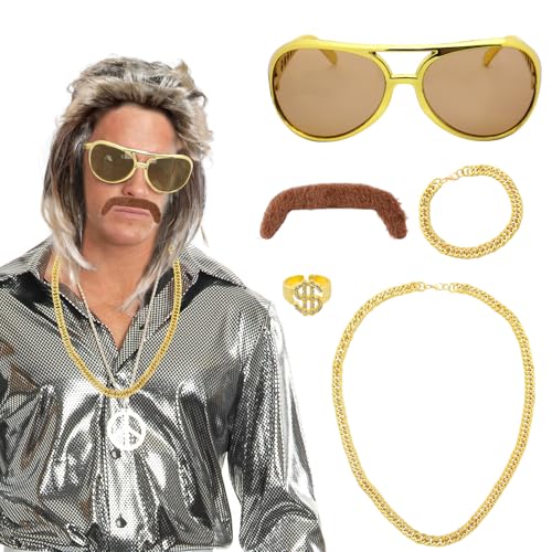 6stk 80er Jahre Outfit Herren Perücken Set 90er Jahre Outfit Accessoires Herren Vokuhila Perücke Männer mit GoldHalskette,Armband,Sonnenbrille,Schnurrbart,Goldring,für Fasching Karneval Kostüm Party 6stk 80er Jahre Outfit Herren Perücken Set 90er Jahre Outfit Accessoires Herren Vokuhila Perücke Männer mit GoldHalskette,Armband,Sonnenbrille,Schnurrbart,Goldring,für Fasching Karneval Kostüm Party von Homeinmind
