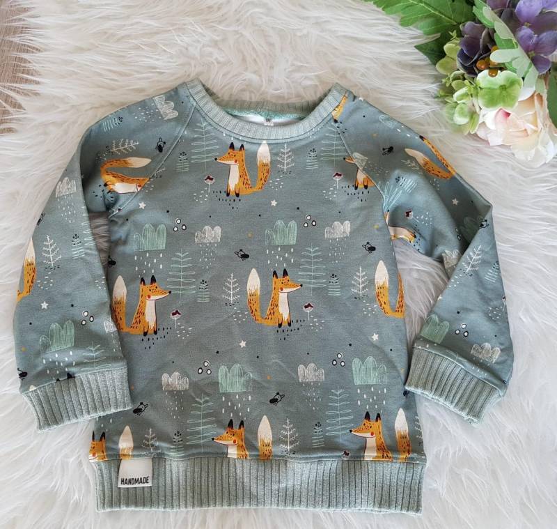 Pullover, Raglan, French Terry, Partnerlook, Geschwister, Füchse, Größe 86, Mint, Homemade By Adeline von Homemadebyadeline