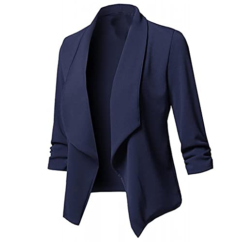 Homemarke Damen Blazer Elegant Frühlings Anzüge Elegant Langarm Blazer Sakko Einfarbig Slim Fit Revers Geschäft Büro Jacke Kurz Mantel, Marine, XL von Homemarke