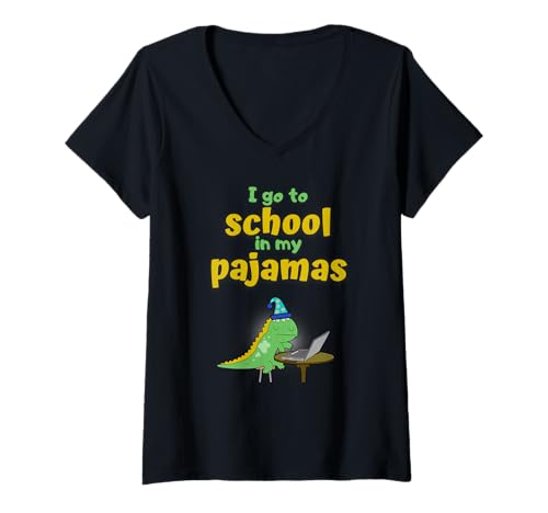Damen Funny I Go to School In My Pajamas Dinosaurier T-Shirt mit V-Ausschnitt Damen Funny I Go to School In My Pajamas Dinosaurier T-Shirt mit V-Ausschnitt von Homeschool Online Classes Equals Pajamas