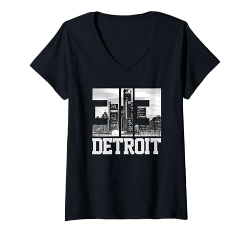 Damen 313 Detroit Michigan Ortsvorwahl Vintage Skyline USA Stadt T-Shirt mit V-Ausschnitt Damen 313 Detroit Michigan Ortsvorwahl Vintage Skyline USA Stadt T-Shirt mit V-Ausschnitt von Hometown Detroit Fan Michigan Pride 313 Design