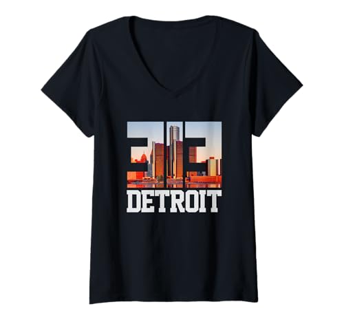 Damen 313 Detroit Michigan Ortsvorwahl Vintage Skyline USA Stadt T-Shirt mit V-Ausschnitt Damen 313 Detroit Michigan Ortsvorwahl Vintage Skyline USA Stadt T-Shirt mit V-Ausschnitt von Hometown Detroit Fan Michigan Pride 313 Design