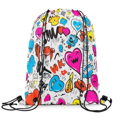 Homewish Cartoon Liebe Herz Kordelzug Rucksack, Nette Muster Kordelzug Taschen, Graffiti Street Theme String Rucksack, Bunte Hippie Draw String Tasche Für Sport Gym von Homewish
