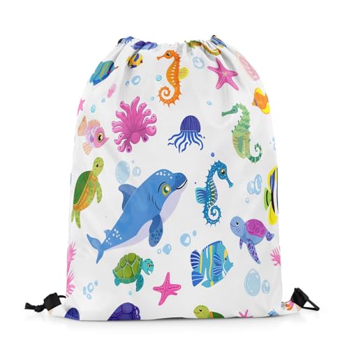 Homewish Nautische Meerestier Cinch Bag Sea Turtle Draw String Back Bag, Quallen Delfin Drawstring Taschen Octopus Seepferdchen Drawstring Rucksack, Cartoon Ocean Creatures Theme String Rucksack von Homewish