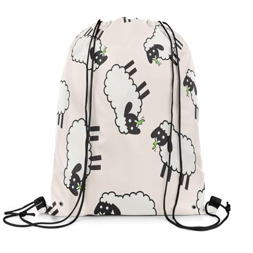 Homewish Nette Schaf Draw String Back Bag, Lustige Schaf Drawstring Taschen, Cartoon Tiere Drawstring Rucksack, Farmtiere Wasserdichter Faltbarer String Rucksack Für Gym Schwimmen Camping, Beige von Homewish
