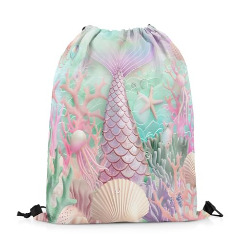 Rosa Pailletten Fisch Schuppen Kordelzug Taschen 3D Wildlife String Rucksack Cartoon Quallen Muschel Korallen Seestern Kordelzug Rucksack Romantische Meerjungfrau Schwanz Draw String Zurück Tasche von Homewish