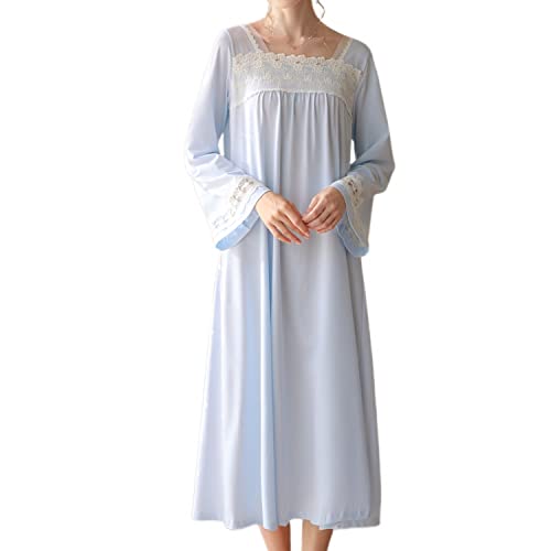 Homgro Damen Baumwolle Schlafhemd Niedliche Spitze Viktorianisches Nachthemd Weiche Glockenärmel Lang Pyjama Kleid Billowy Nachtwäsche, Blau, Small von Homgro