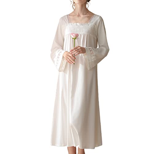 Homgro Damen Baumwolle Schlafhemd Niedliche Spitze Viktorianisches Nachthemd Weiche Glockenärmel Lang Pyjama Kleid Billowy Nachtwäsche, Weiss/opulenter Garten, Medium von Homgro