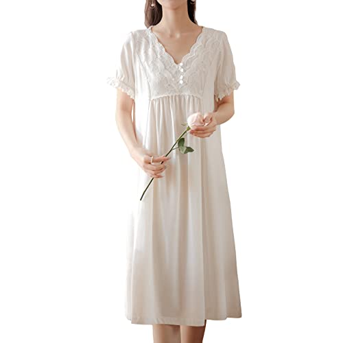 Homgro Damen Baumwolle Viktorianisches Nachthemd Weich Lang Schlaf Kleid Kurzarm Prinzessin Pyjama Shirt Nachtwäsche, D-weiß, Small von Homgro
