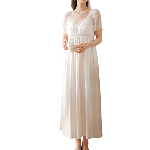 Homgro Damen Baumwolle Viktorianisches Nachthemd Weich Lang Schlaf Kleid Kurzarm Prinzessin Pyjama Shirt Nachtwäsche, E-White, X-Small von Homgro