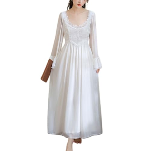 Homgro Damen Langarm Baumwolle Nachthemd Spitze Vintage Prinzessin Tüll Langes Schlafkleid Niedlich Herzausschnitt Nachtwäsche, Weiß, XL von Homgro