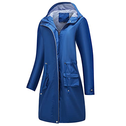 Homgro Damen Regenjacke mit Kapuze Lang Wasserdicht Regenmantel Casual Full Zip Anorak Midi Windbreaker Taschen, Blau, M von Homgro