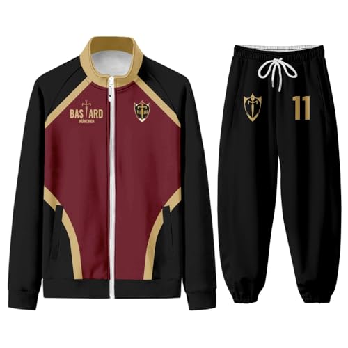 Homidam Unisex Anime Blue Lock Cosplay Stehkragen Reißverschluss Jacke und Hose Sets 2-teilige Outfits Trainingsanzug(Black 11 Isagi,S) von Homidam