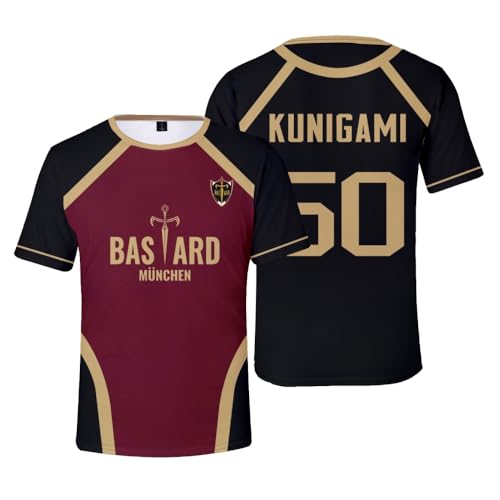 Homidam Unisex Cosplay Anime Blue Lock Kurzarm T-Shirt Kostüm Rundhals Neuheit Cosplay Tees Tops(Black 50 Kunigami,L) von Homidam