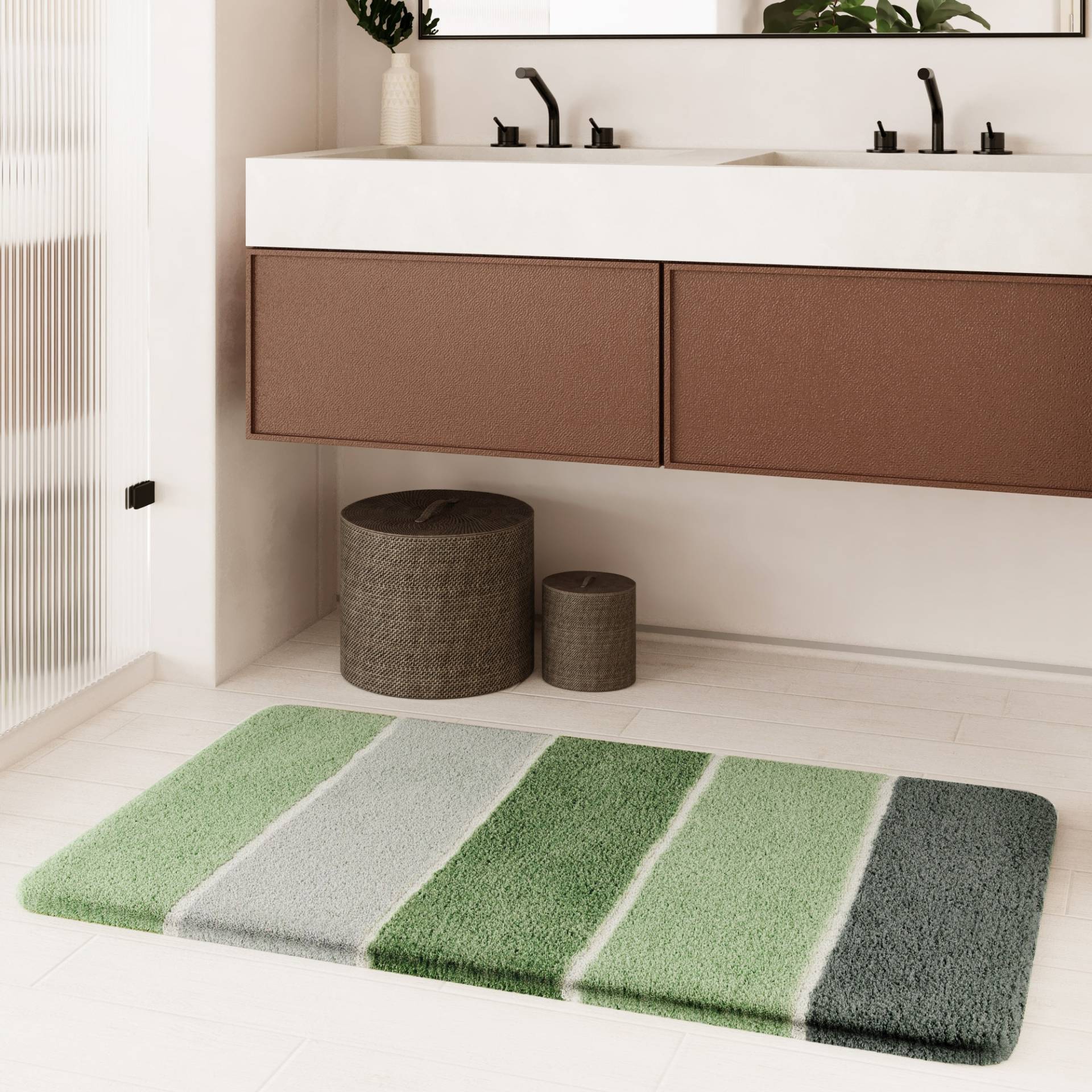 Homie Living Badematte "Rio Marina" Höhe 30 mm rutschhemmend beschichtet fußbodenheizungsgeeignet  schnell trocknend flauschiger Badteppich, modern gestreift, waschbar, Badezimmerteppich von Homie Living