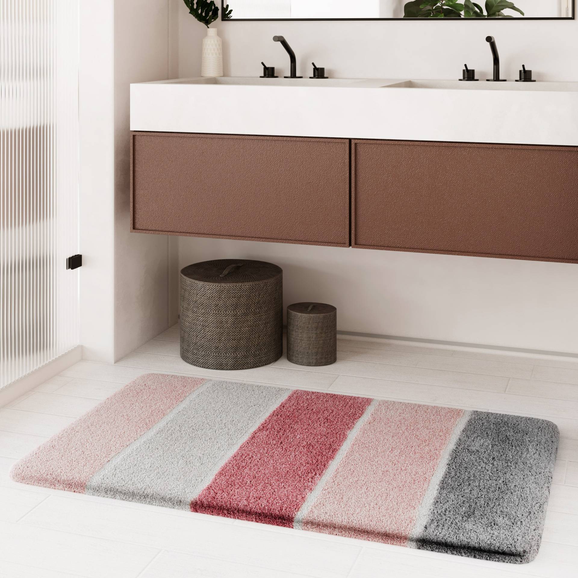 Homie Living Badematte "Rio Marina" Höhe 30 mm rutschhemmend beschichtet fußbodenheizungsgeeignet  schnell trocknend flauschiger Badteppich, modern gestreift, waschbar, Badezimmerteppich von Homie Living