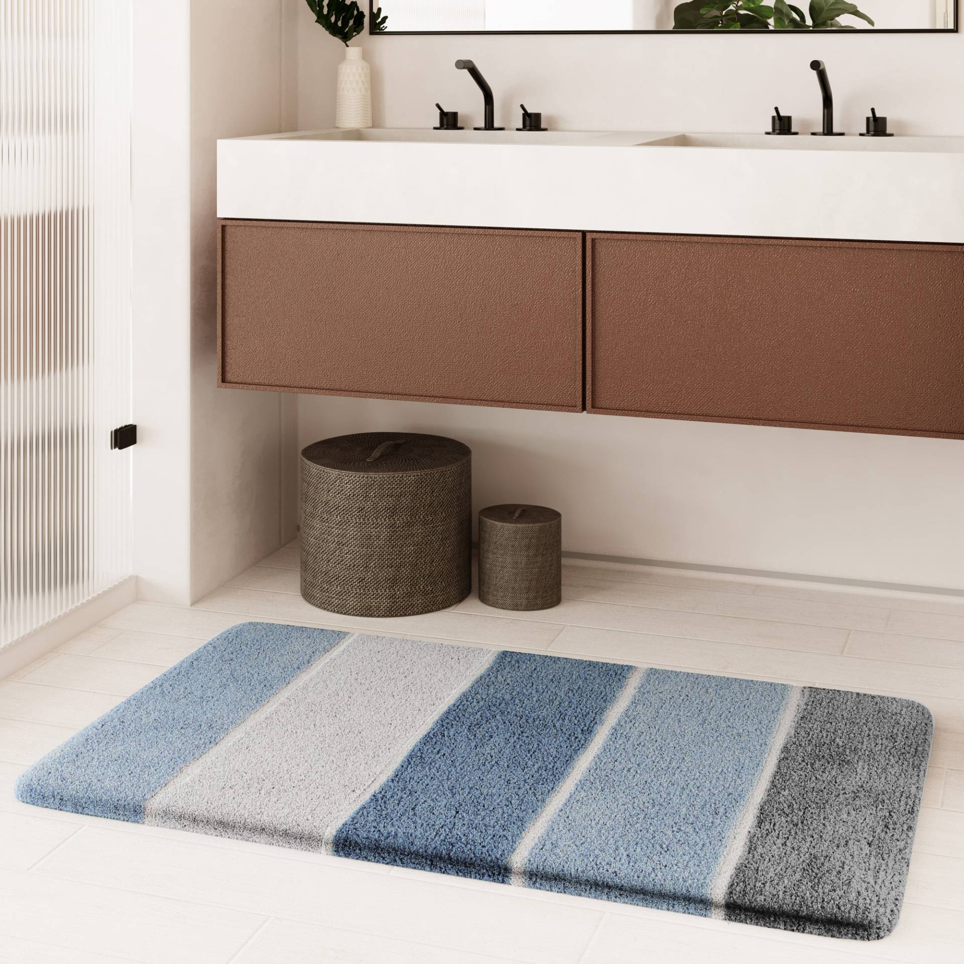 Homie Living Badematte "Rio Marina" Höhe 30 mm rutschhemmend beschichtet fußbodenheizungsgeeignet  schnell trocknend flauschiger Badteppich, modern gestreift, waschbar, Badezimmerteppich von Homie Living