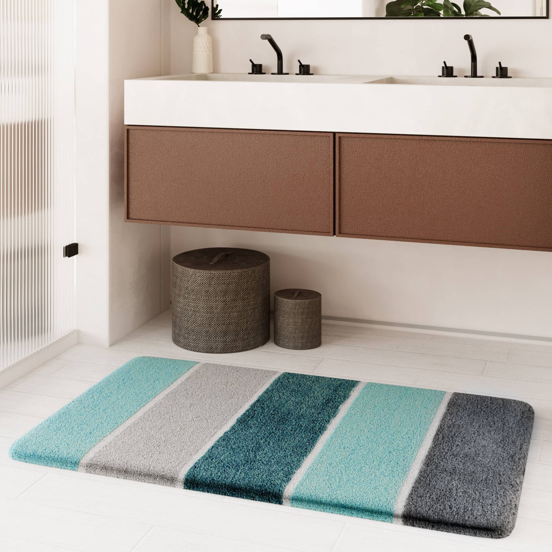 Homie Living Badematte "Rio Marina" Höhe 30 mm rutschhemmend beschichtet fußbodenheizungsgeeignet  schnell trocknend flauschiger Badteppich, modern gestreift, waschbar, Badezimmerteppich von Homie Living