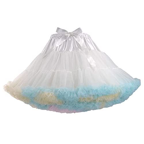 Homipooty Damen Elastische Taille Tüll Petticoat Tutu Party Mehrschichtiger Puffy Cosplay Rock Unterrock, Länge 40 cm, Taille 56-100 cm Regenbogenweiß von Homipooty