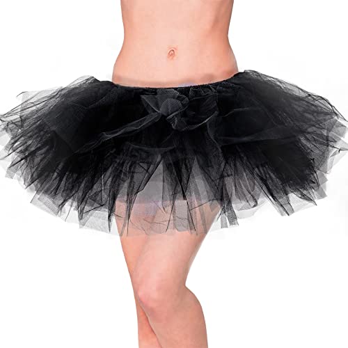 Homipooty Damen Tüllrock Schwarzer Petticoat Tütü Rock Erwachsene Elastischer 6 Lagen Tüll Tanzen Ballett Tütü 50er 80er Jahre Outfit Halloween Kostüm von Homipooty