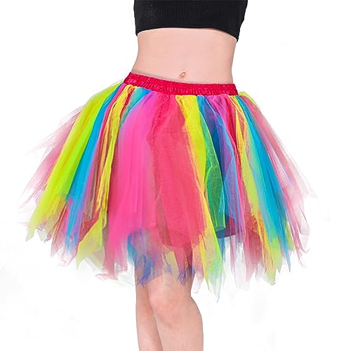 Homipooty Tüllrock Damen Regenbogen Rock Tütü Damen Petticoat Unterrock Kurz Erwachsene Tüllrock Tutu Halloween Kostüm Weihnachten Cosplay Karneval 80er Jahre Outfit von Homipooty