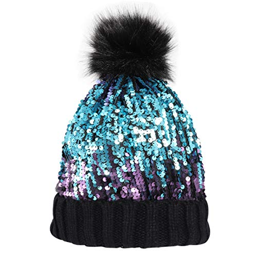 Homiton Damen Pailletten-Strickmütze mit Kunstfell-Pom-Pom-Pom Glänzend Bling Skull Cap - Schwarz - Medium von Homiton