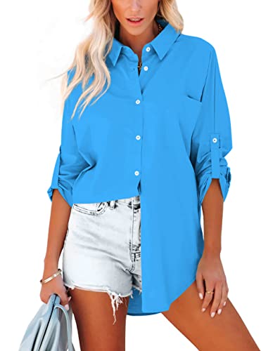 Homlan Bluse Damen Baumwolle Langarm Roll Up Elegant Oberteile Lässige Hemden Knöpfleiste Einfarbig Langarmshirt Tunika Hemdbluse Mit Brusttaschen (Large, Blau) von Homlan