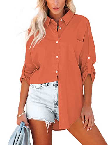 Homlan Bluse Damen Baumwolle Langarm Roll Up Elegant Oberteile Lässige Hemden Knöpfleiste Einfarbig Langarmshirt Tunika Hemdbluse Mit Brusttaschen (Large, Orange) von Homlan