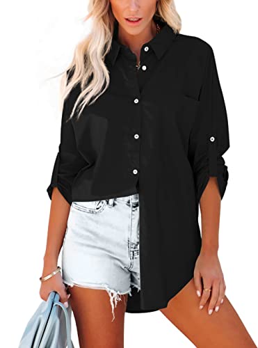 Homlan Bluse Damen Baumwolle Langarm Roll Up Elegant Oberteile Lässige Hemden Knöpfleiste Einfarbig Langarmshirt Tunika Hemdbluse Mit Brusttaschen (Large, Schwarz) von Homlan