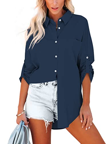 Homlan Bluse Damen Baumwolle Langarm Roll Up Elegant Oberteile Lässige Hemden Knöpfleiste Einfarbig Langarmshirt Tunika Hemdbluse Mit Brusttaschen (Medium, Dunkelblau) von Homlan